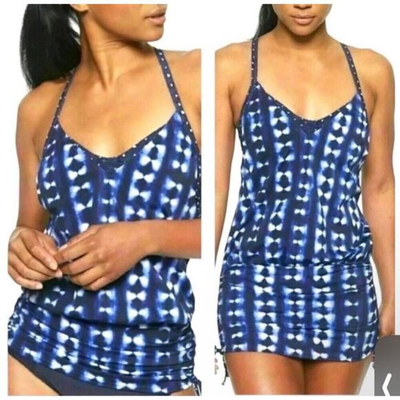 Athleta 32D/DD Mashiko Side Scrunch Blouson Tankini or Swim Dress Tie Dye Bue - Picture 1 of 16